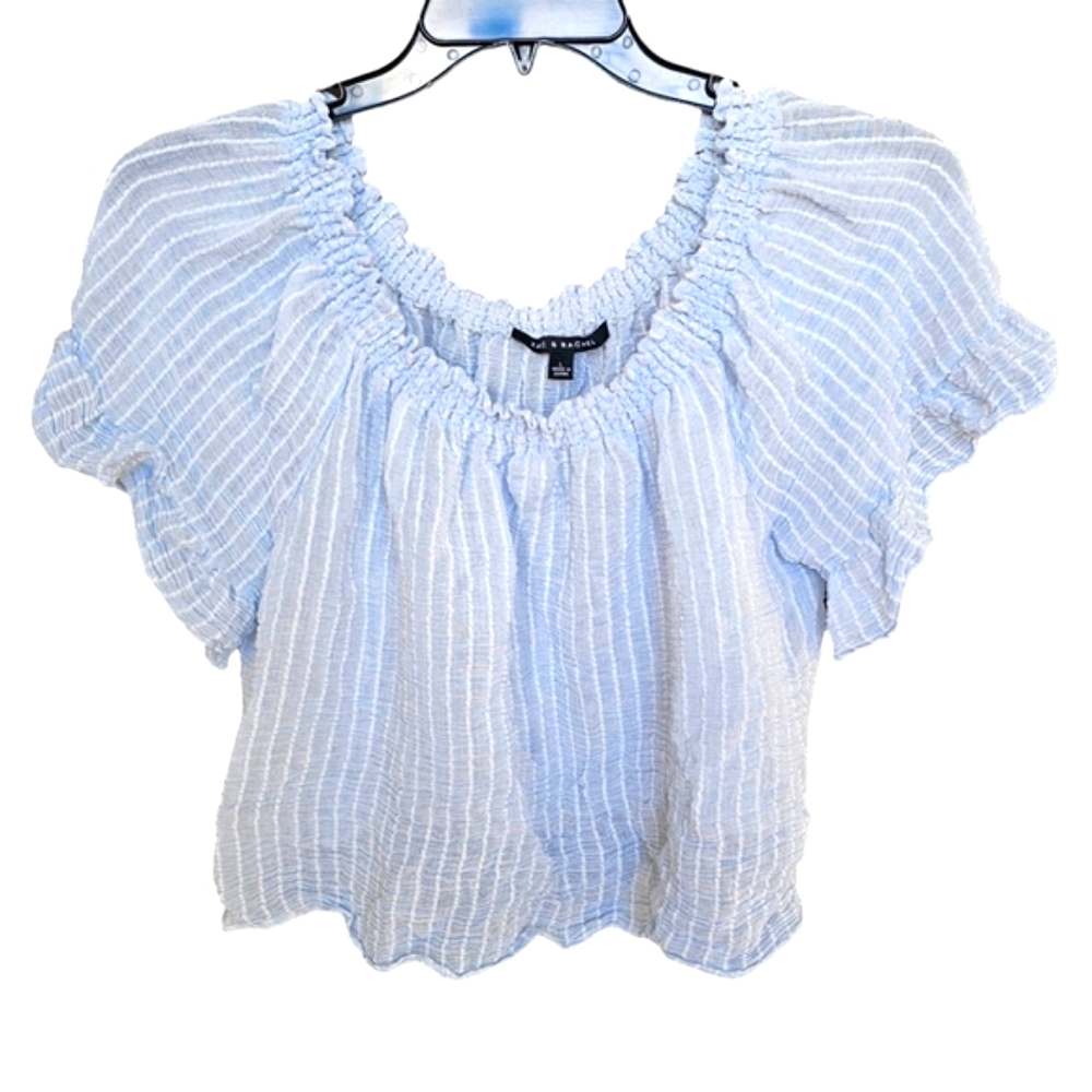 ZAC & RACHEL Blue And White Stripe Ruffled Raglan Flutter Sleeve Blouse Size L